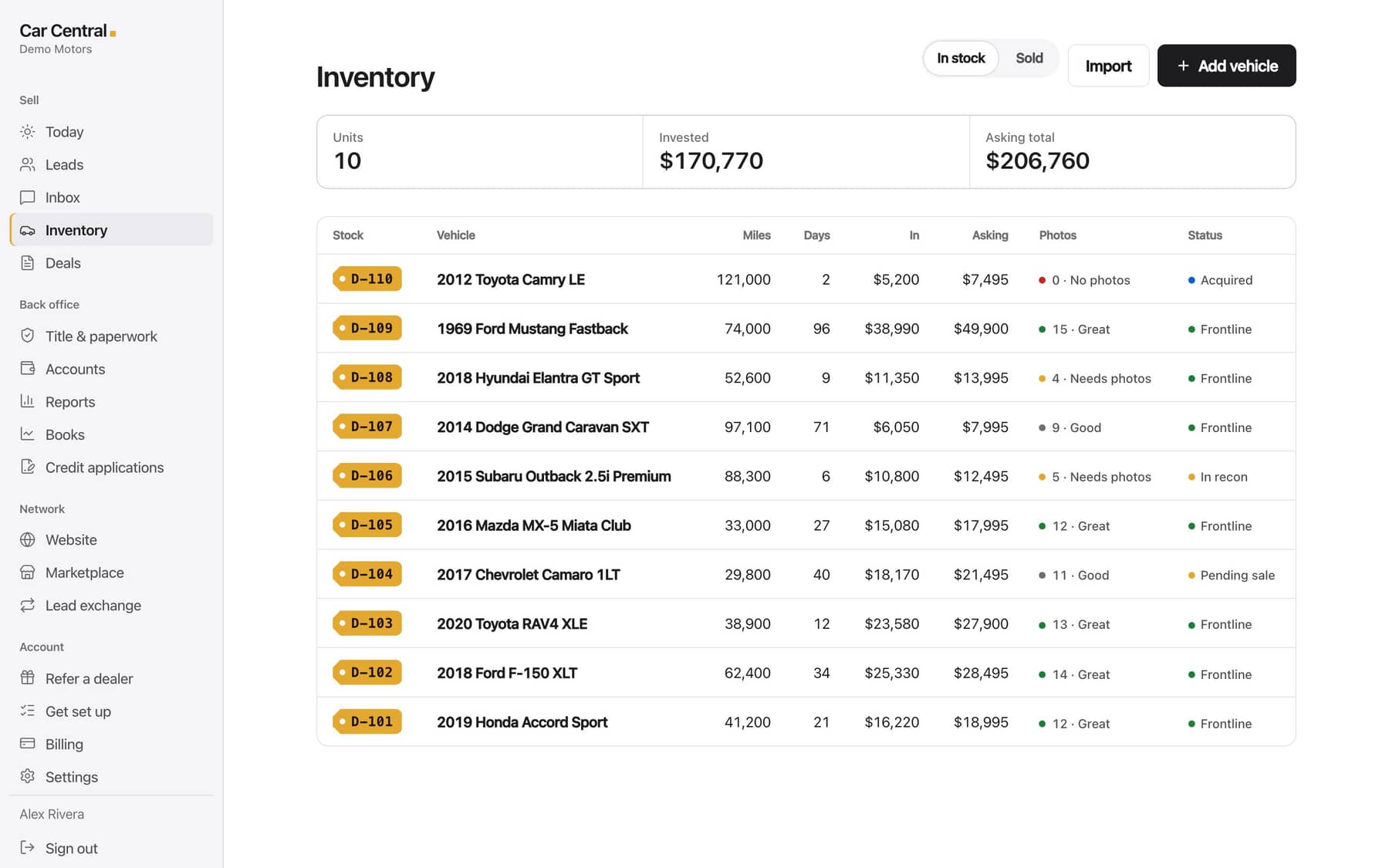 The inventory screen after an import