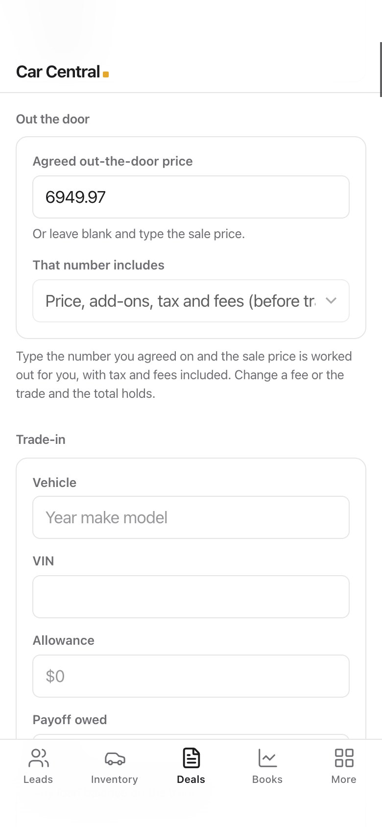 Deal screen with an agreed out-the-door price