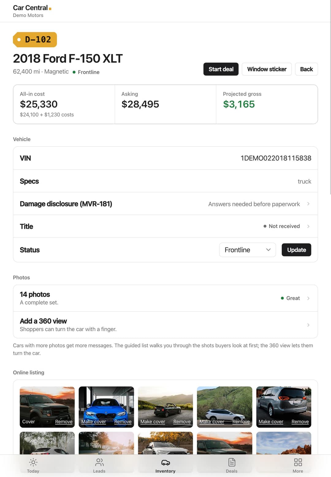 A car's page in the dealer system